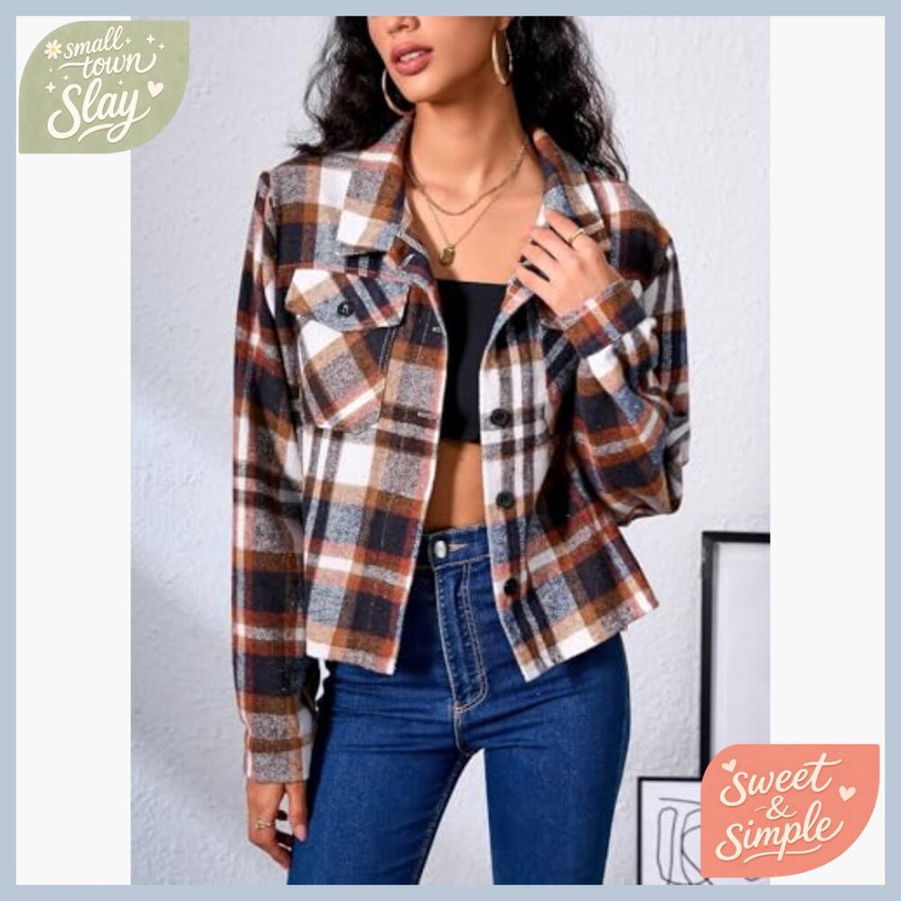 Cropped Flannel Shacket Button Down Casual Jacket… - image 4